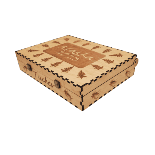 Custom laser engraved wooden box with metal latches and integrated wood hinges